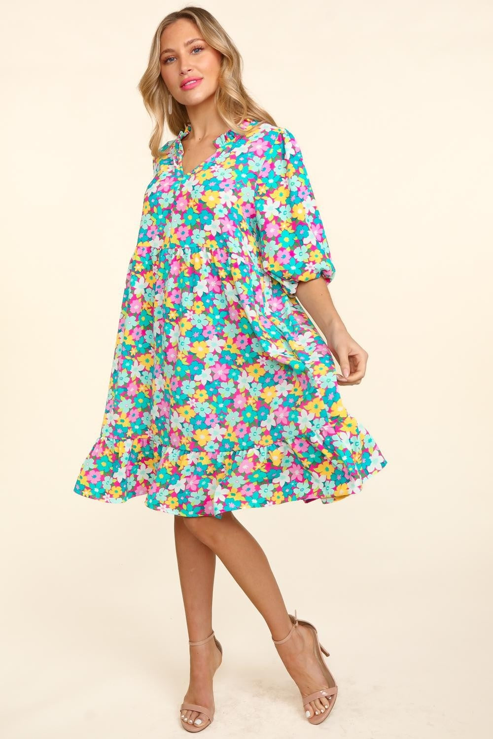 Haptics Bubble Sleeve Floral Ruffled Dress - Stormyjay