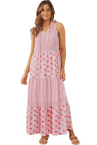 Pink Abstract Print Patchwork Sleeveless V Neck Tiered Dress - Stormyjay