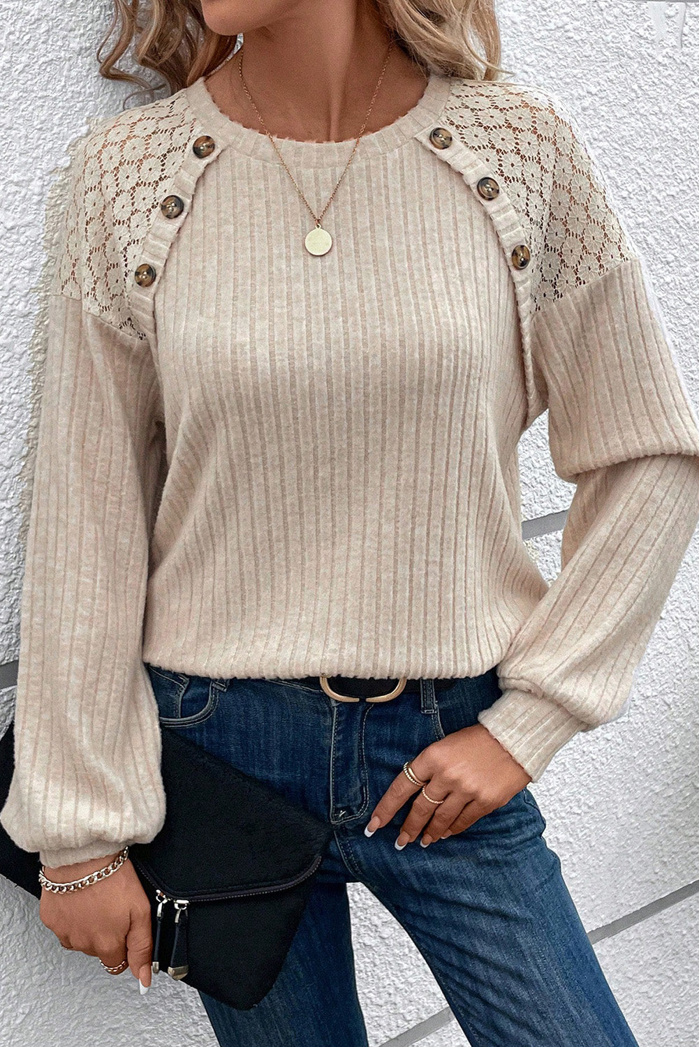 Parchment Contrast Lace Raglan Sleeve Buttoned Ribbed Top - Stormyjay