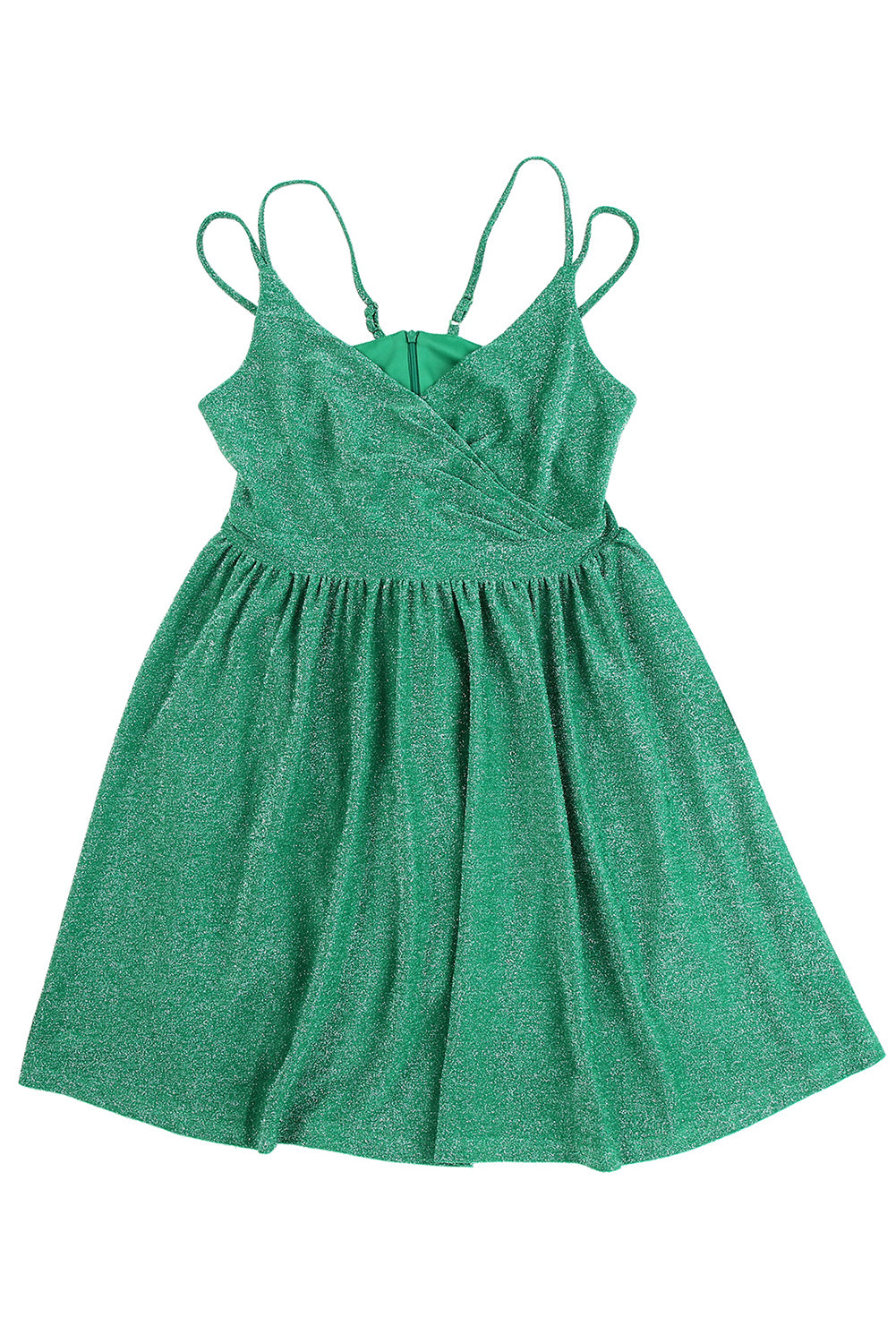 Green Double Straps Metallic Shining Skater Dress - Stormyjay