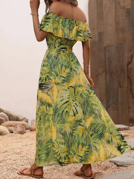 Off-shoulder lotus leaf edge printed dress HWF82UCWMN - Stormyjay