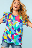 Multicolor Abstract Print Ruffle Sleeve Casual Blouse for Women - Stormyjay