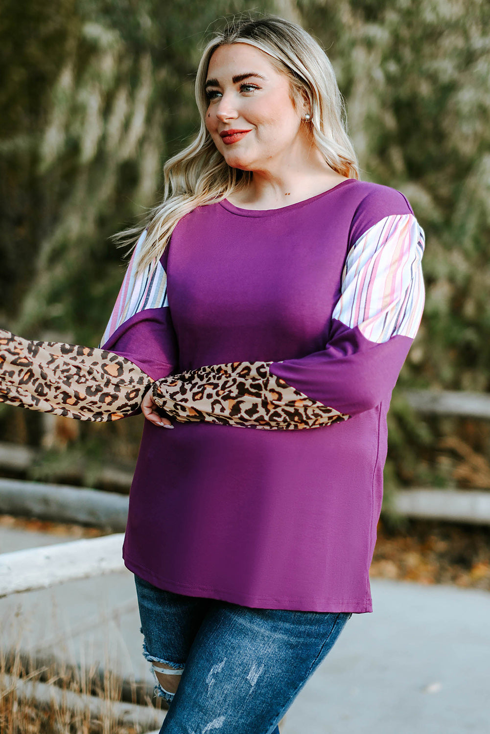 Purple Color Block Leopard Striped Sleeve Plus Size Top - Stormyjay