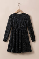 Black Glitter Mesh Overlay V Neck Long Sleeve Dress - Stormyjay