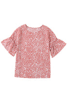 Pink Leopard Print Casual Flounce Sleeve Blouse for Women - Stormyjay