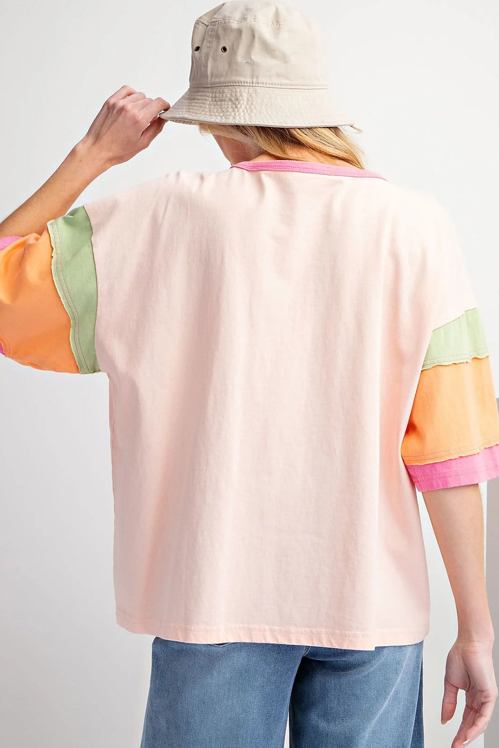Green Color Block Sleeve Round Neck Oversize Top - Stormyjay