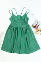 Green Double Straps Metallic Shining Skater Dress - Stormyjay