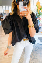 Black Ruched Puff Sleeve Loose Buttoned Up Blouse - Stormyjay