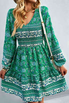 Bohemian V-Neck Balloon Sleeve Dress - Stormyjay