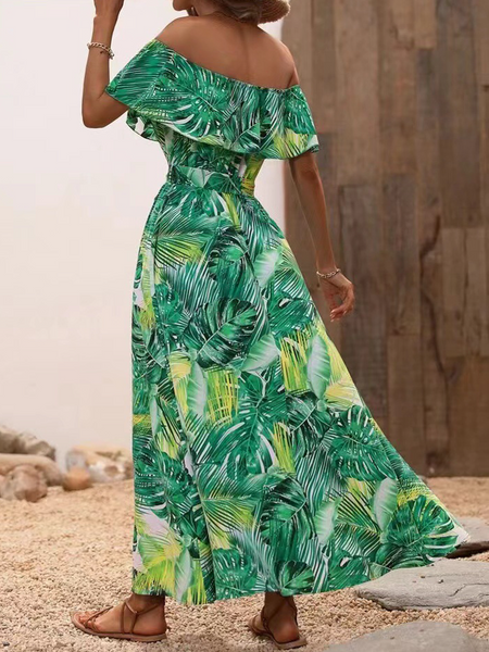 Off-shoulder lotus leaf edge printed dress HWF82UCWMN - Stormyjay