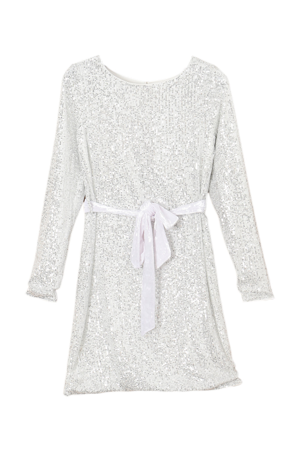 Silvery Sequin Long Sleeve Tie Waist Mini Dress - Stormyjay