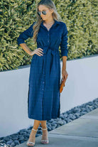 Button Front Textured Slit Shirt Dress with Belt - Stormyjay