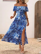 Off-shoulder lotus leaf edge printed dress HWF82UCWMN - Stormyjay