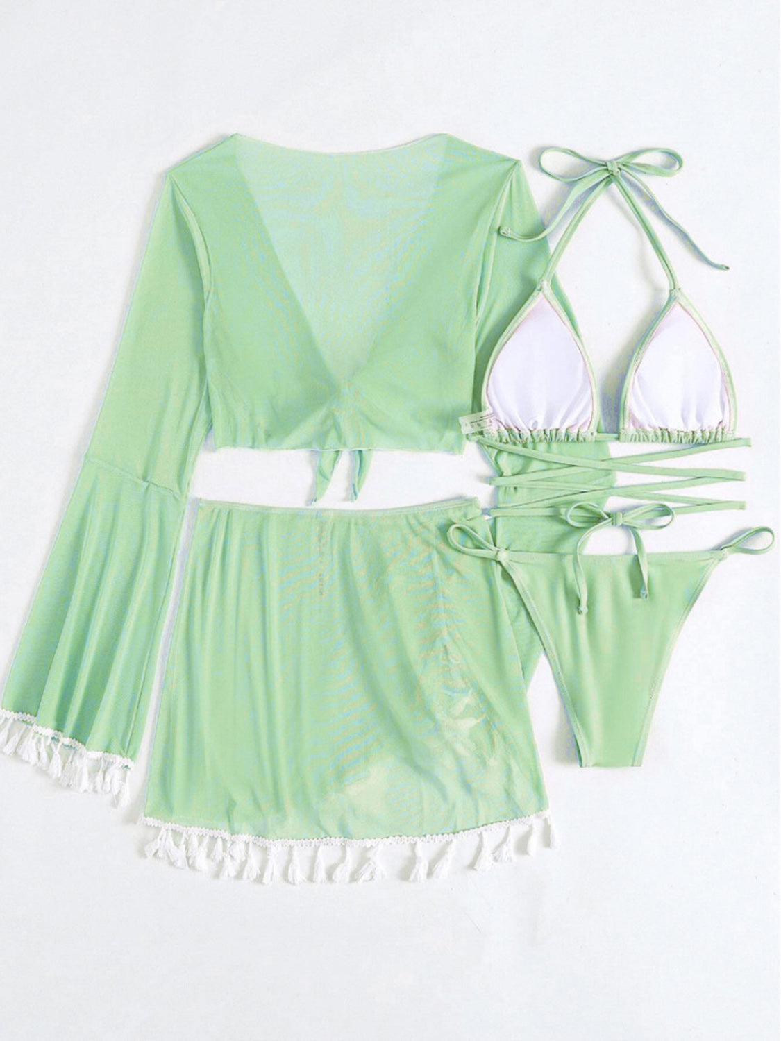 Halter Neck Bra, Bottom, Tassel Flare Sleeve Cover-Up and Skirt Four-Piece Swim Set - Stormyjay