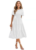 Women's Round Neck Smocked Short Sleeve Casual Dress Swing Flowy Ruffle Hem Mini Beach Summer Dresses - Stormyjay