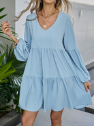 Women's Blue Puff Sleeve V-neck Mini Dress HTL67HZ7EM - Stormyjay