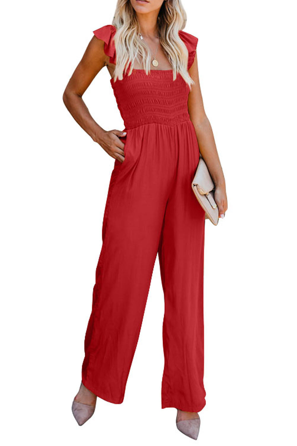 Apricot Smocked Ruffle Strap Pocket Wide Leg Jumpsuit - Stormyjay