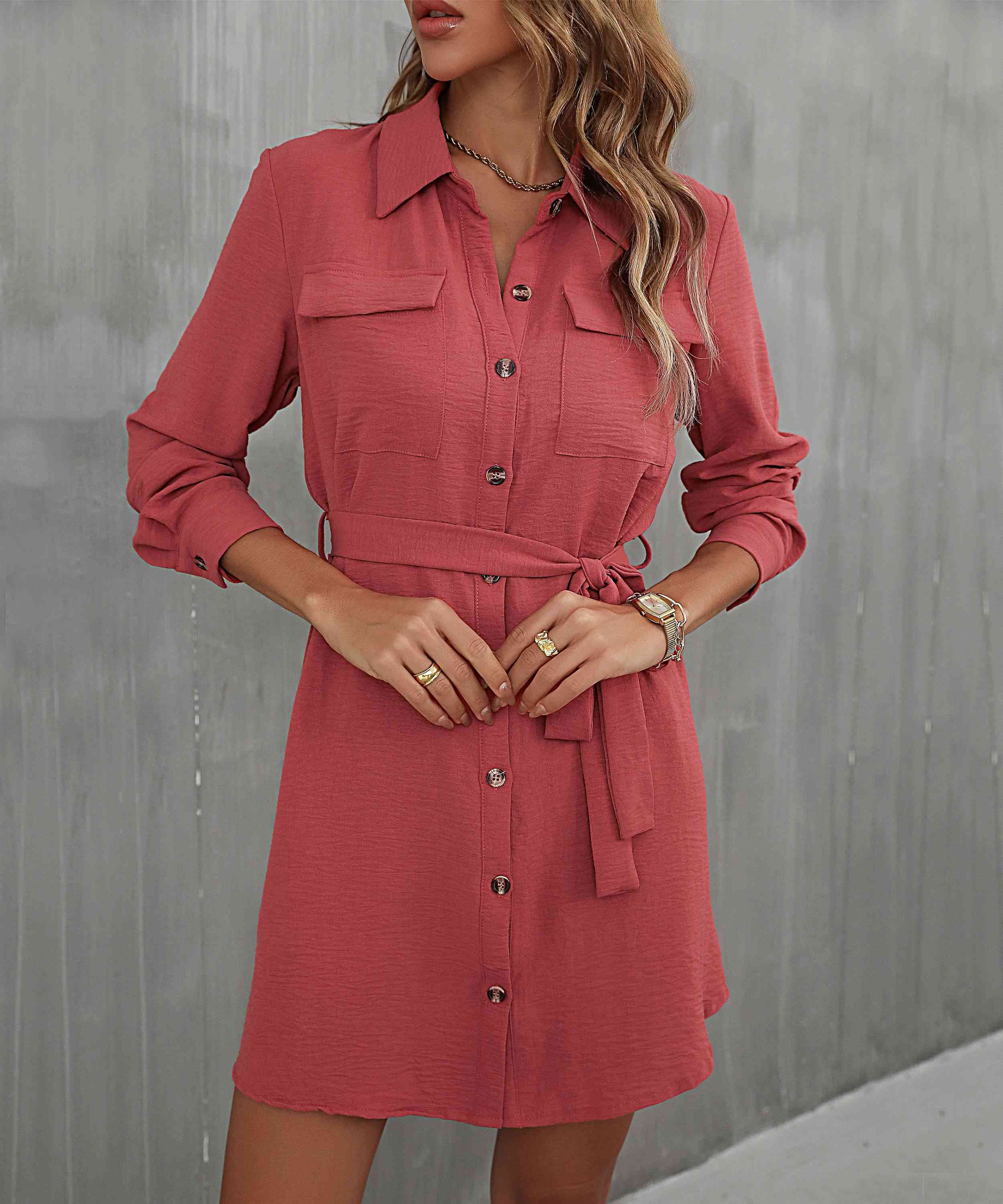 Button Down Belted Long Sleeve Shirt Dress - Stormyjay