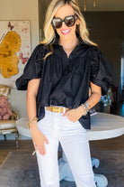 Black Ruched Puff Sleeve Loose Buttoned Up Blouse - Stormyjay