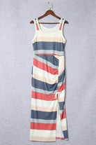 Multicolor Striped Color Block Ribbed Knit Lace-up Slit Tank Dress - Stormyjay