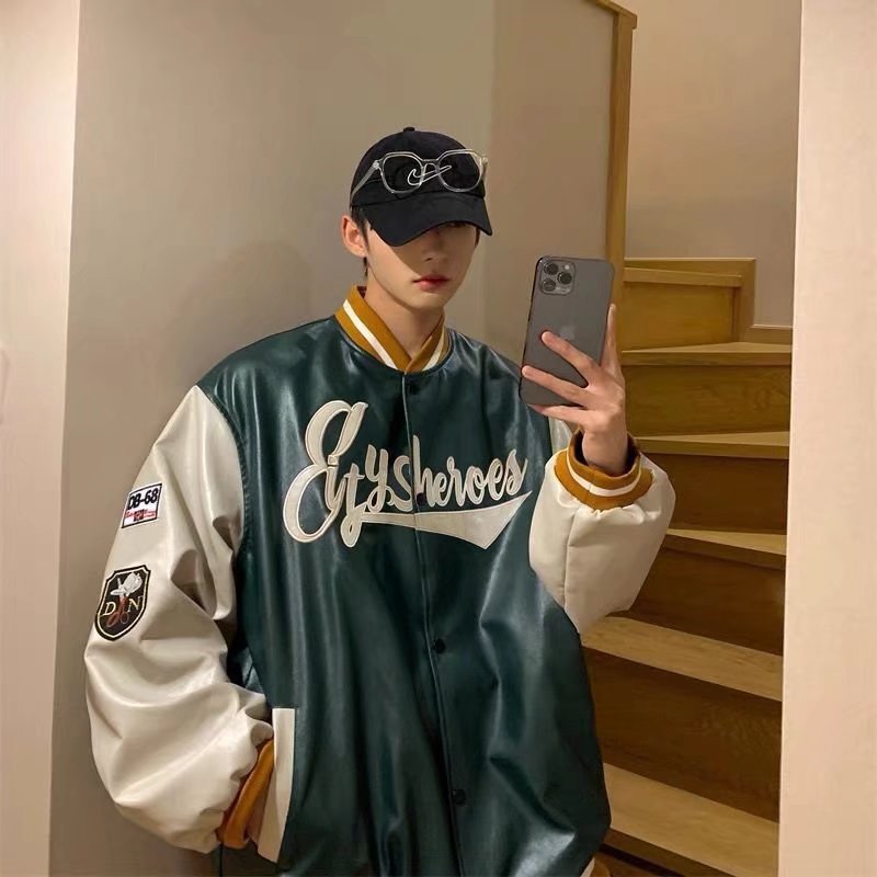 Fashion PU Leather Baseball Jacket Men - Stormyjay