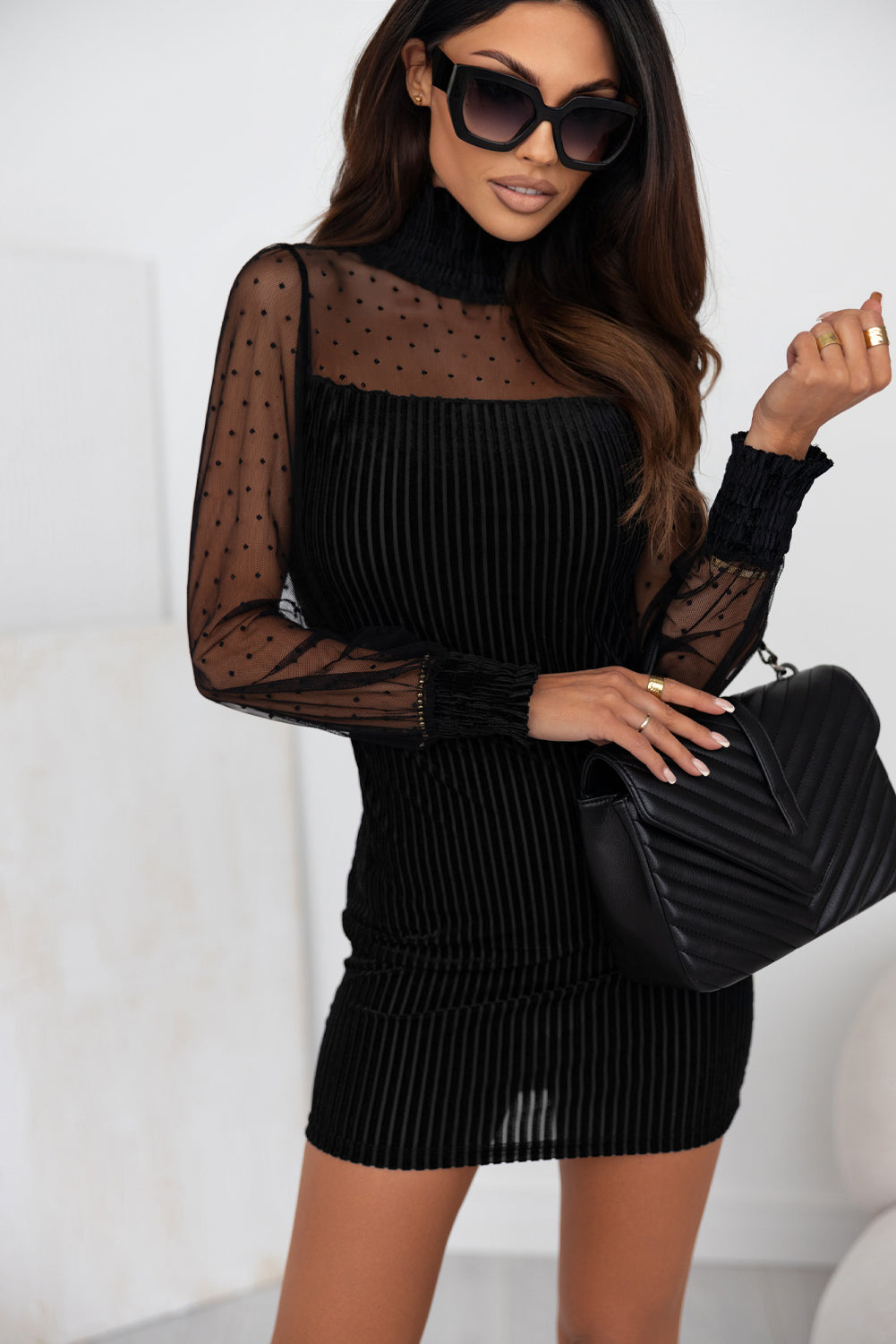 Black Dotted Mesh Striped Frilled Neck Bubble Sleeve Dress - Stormyjay