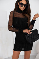 Black Dotted Mesh Striped Frilled Neck Bubble Sleeve Dress - Stormyjay