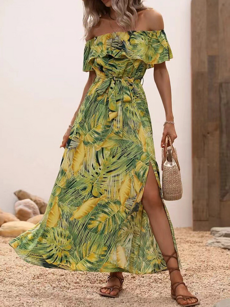 Off-shoulder lotus leaf edge printed dress HWF82UCWMN - Stormyjay