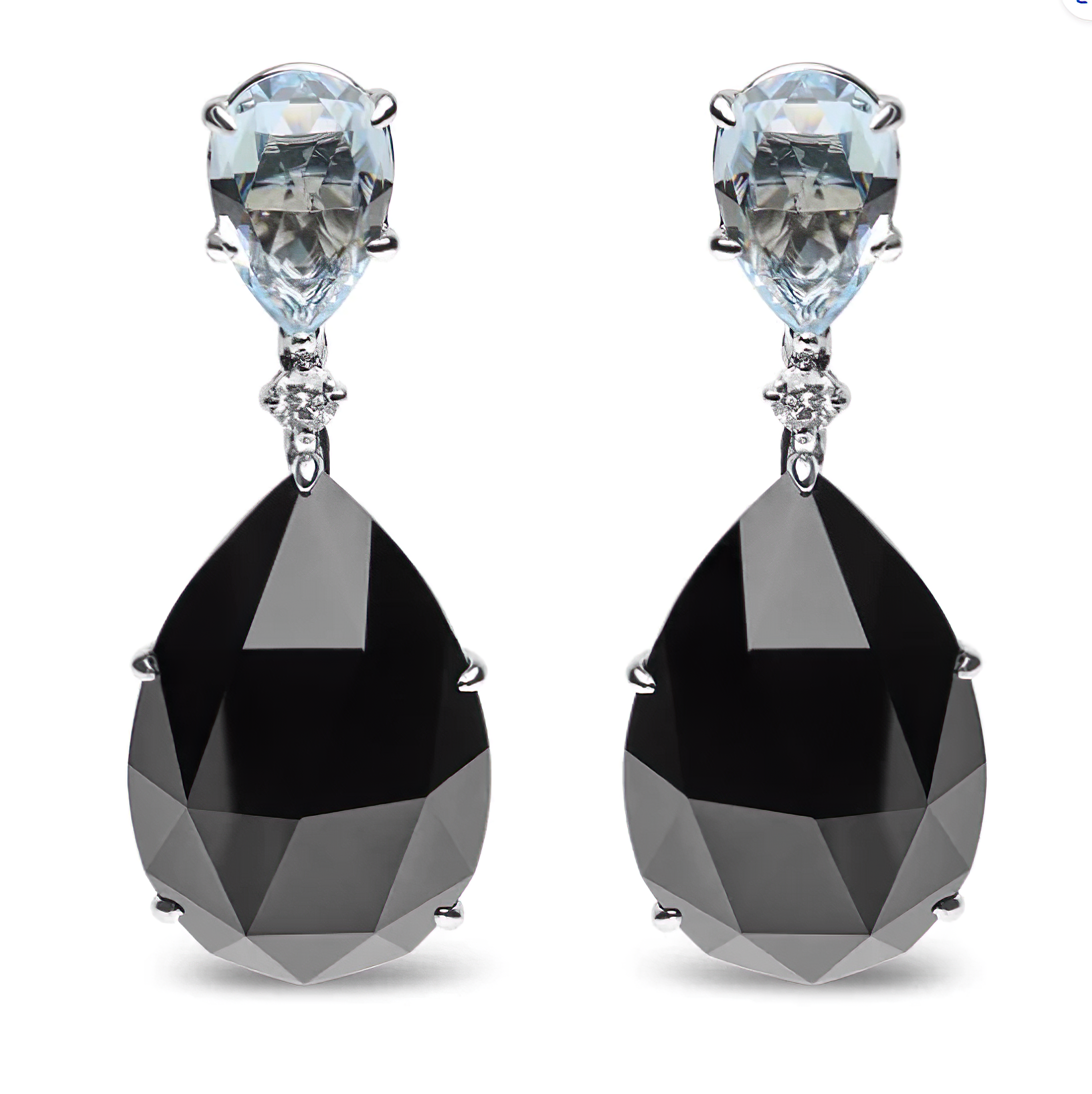 18K White Gold 1/5 Cttw Diamond with Pear Cut Sky Blue Topaz and Pear-Cut Black Onyx Gemstone Dangle Earring (G-H Color, SI1-SI2 Clarity) - Stormyjay