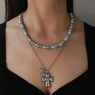 Artificial Turquoise Beaded Double-Layered Cross Necklace