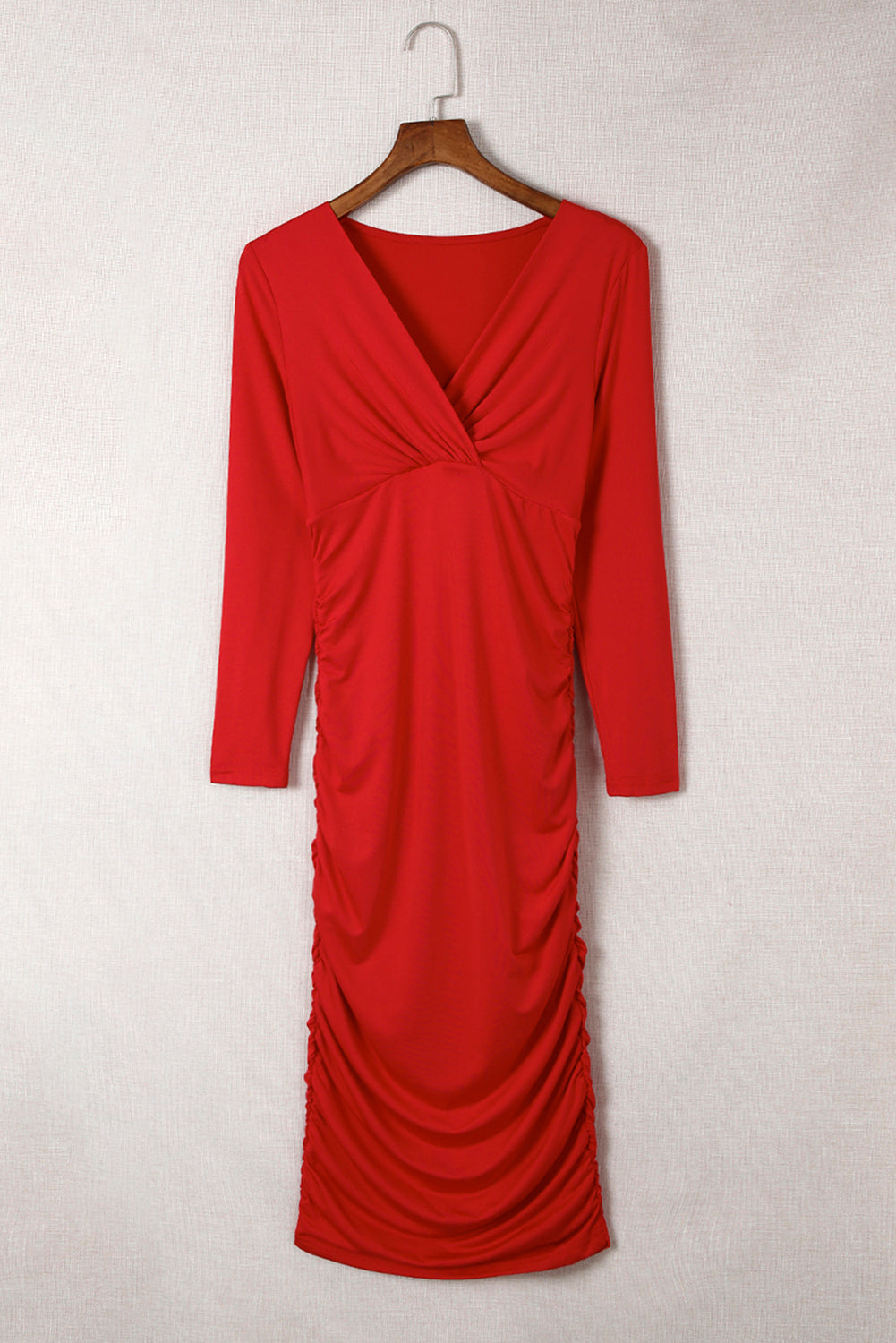 Fiery Red Long Sleeves Wrap V Neck Ruched Sheath Bodycon Dress - Stormyjay