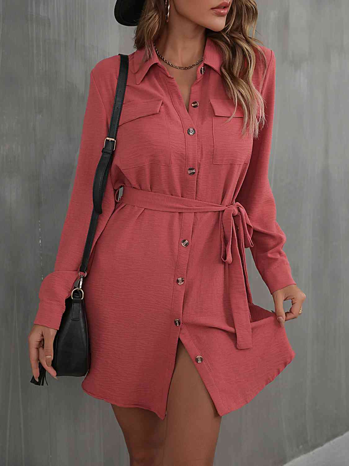 Button Down Belted Long Sleeve Shirt Dress - Stormyjay