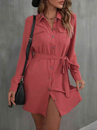 Button Down Belted Long Sleeve Shirt Dress - Stormyjay