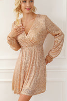 Apricot Wrapped V-neck Sequin Dress - Stormyjay