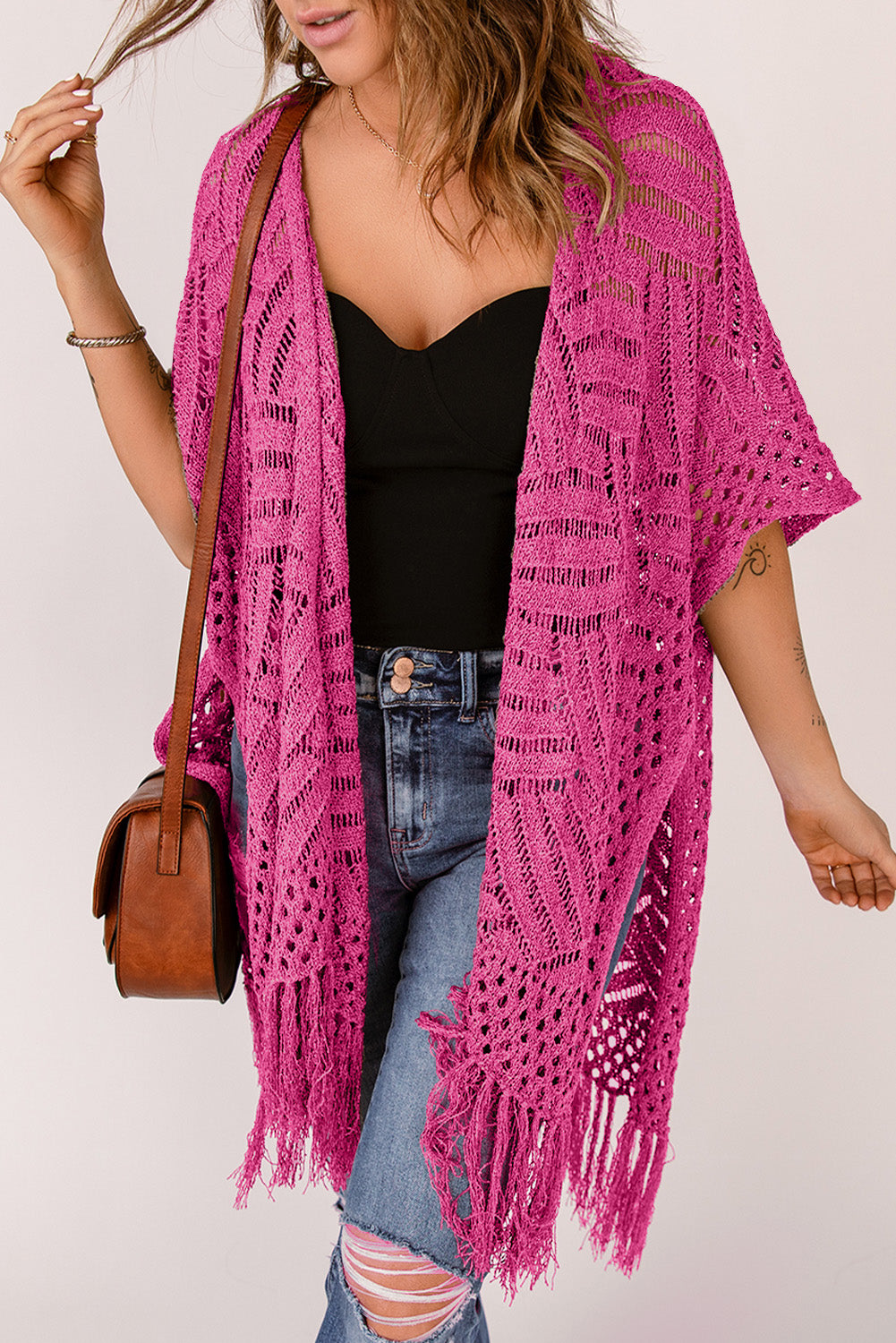 Openwork Open Front Cardigan with Fringes - Stormyjay