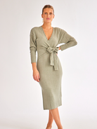 V-neck Long-sleeved Knitted Tie Dress HW58R7SVKU - Stormyjay