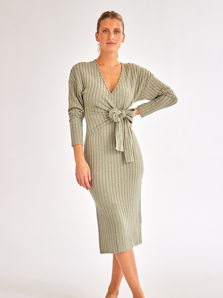 V-neck Long-sleeved Knitted Tie Dress HW58R7SVKU - Stormyjay