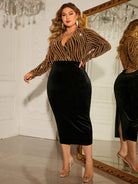 Plus Size Surplice Neck Long Sleeve Slit Dress - Stormyjay