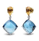 18K White and Yellow Gold 1/6 Cttw Diamond with Pear Cut Yellow Citrine and 20mm Cushion Cut Blue Topaz Gemstone Dangle Earrings (G-H Color, SI1-SI2 Clarity) - Stormyjay