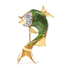 18K Yellow Gold and Green Enamel Diamond and Pink Sapphire Fish Brooch Pin (H-I Color, VS2-SI1 Clarity) - Stormyjay