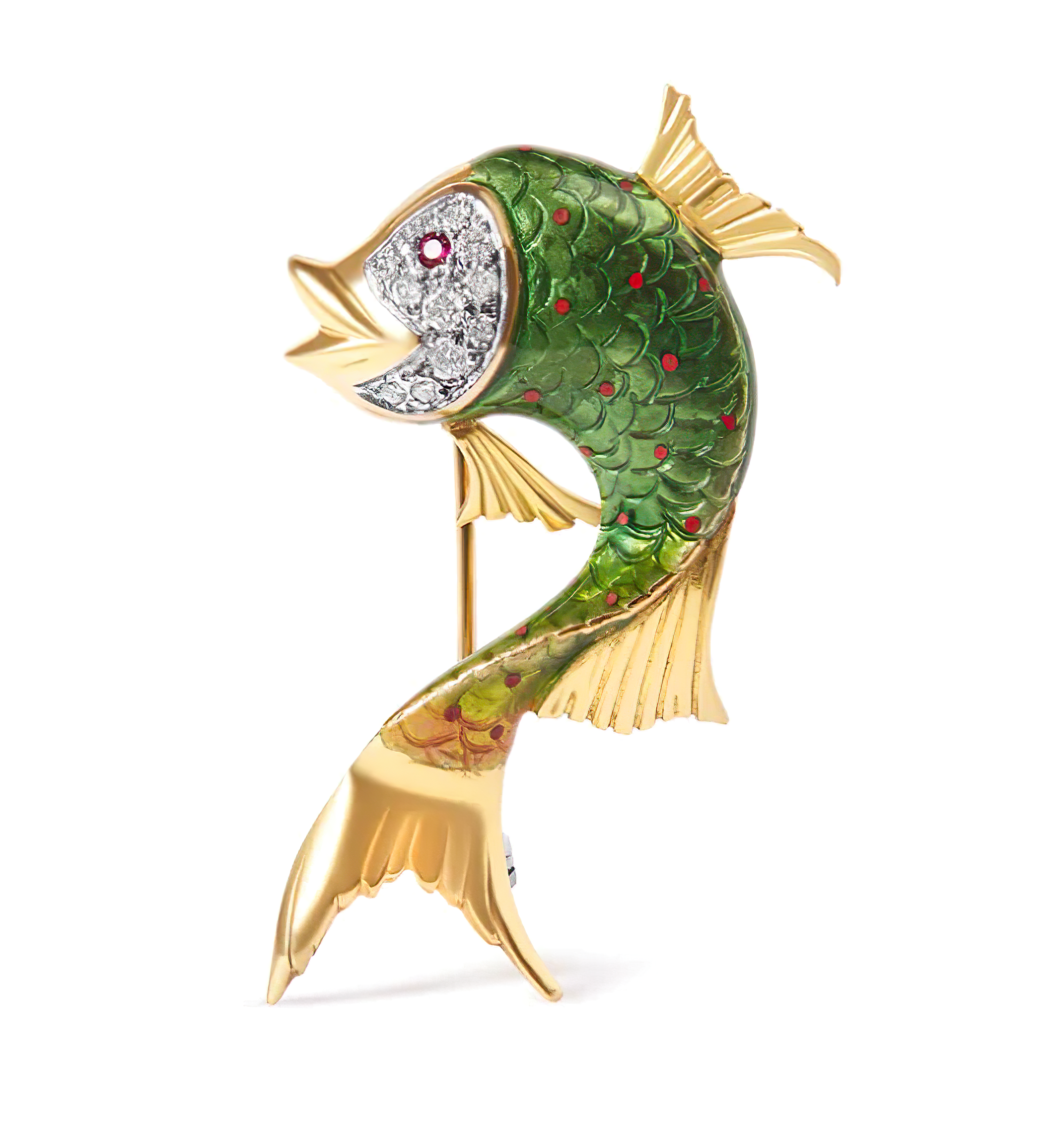 18K Yellow Gold and Green Enamel Diamond and Pink Sapphire Fish Brooch Pin (H-I Color, VS2-SI1 Clarity) - Stormyjay