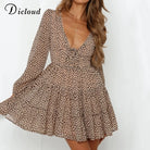 DICLOUD Sexy Leopard V Neck Dresses Women Spring Autumn Long Sleeve A Line Ruffles Sundress Chiffon Short Party Dress Female - Stormyjay