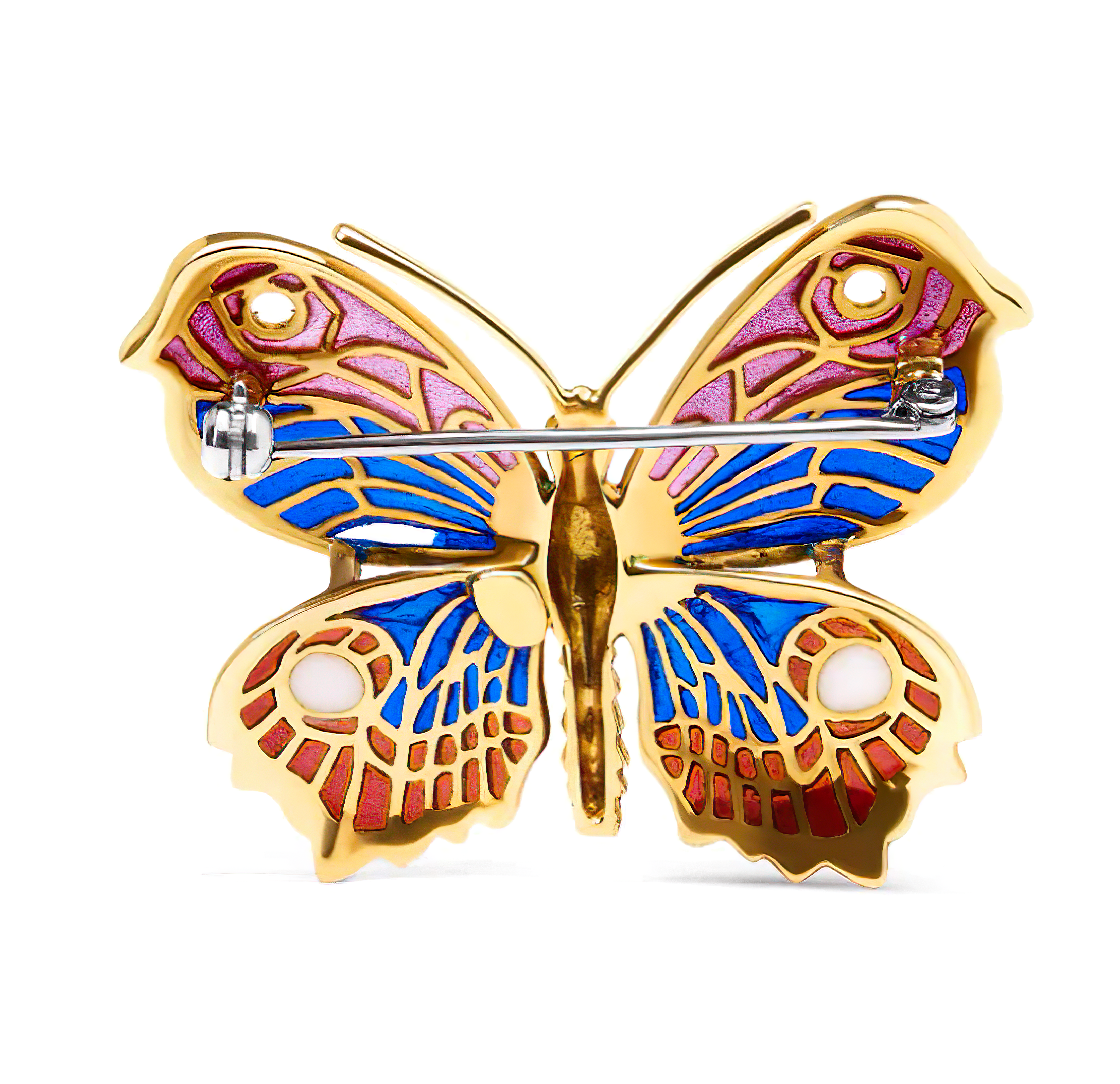 18K Yellow Gold Red, Blue, and White Enameled Butterfly Brooch Pin - Stormyjay