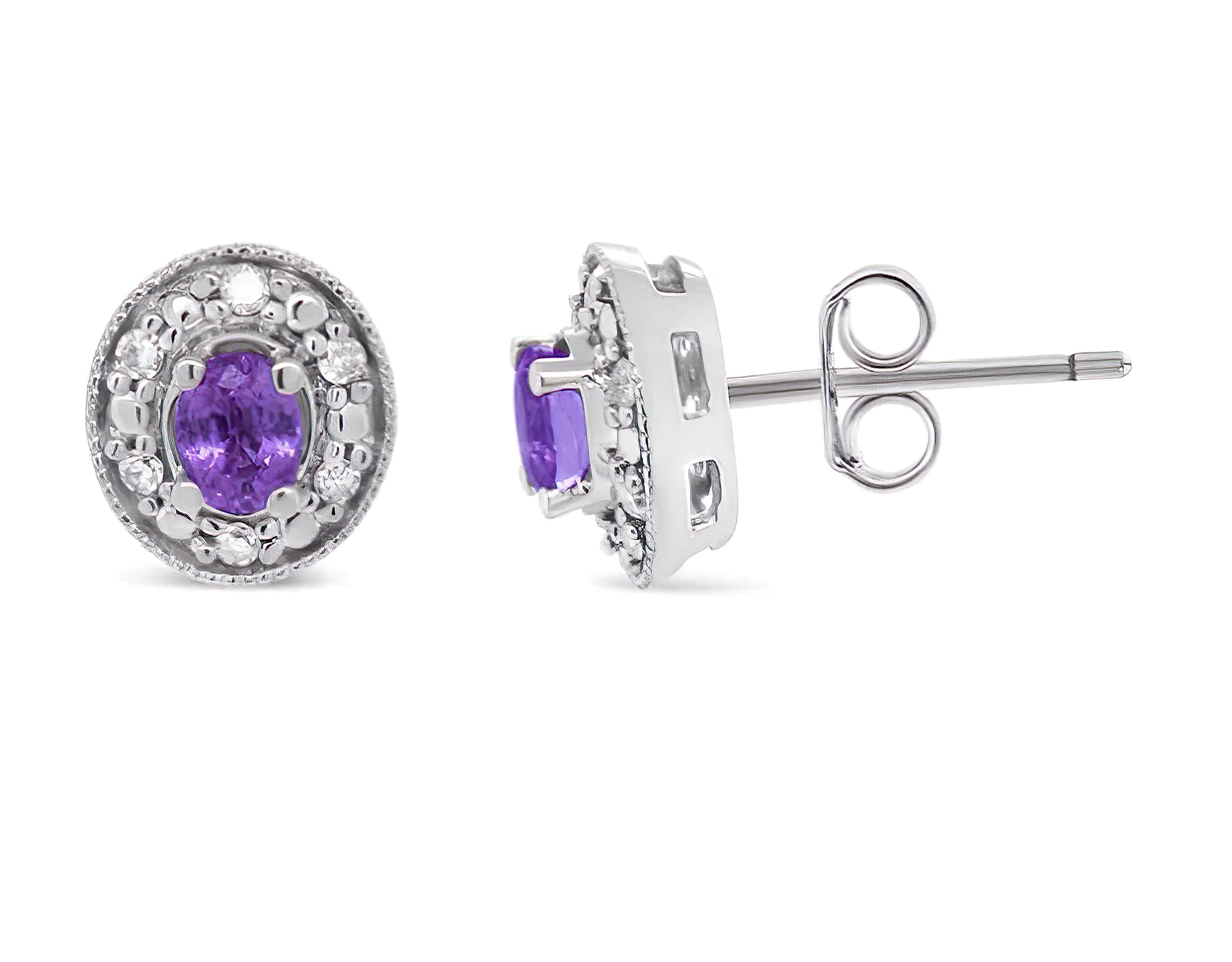 14K White Gold 4x3mm Round Pink Sapphire and 1/10 Cttw Round Diamond Halo Stud Earrings - (I-J Color, SI1-SI2 Clarity) - Stormyjay