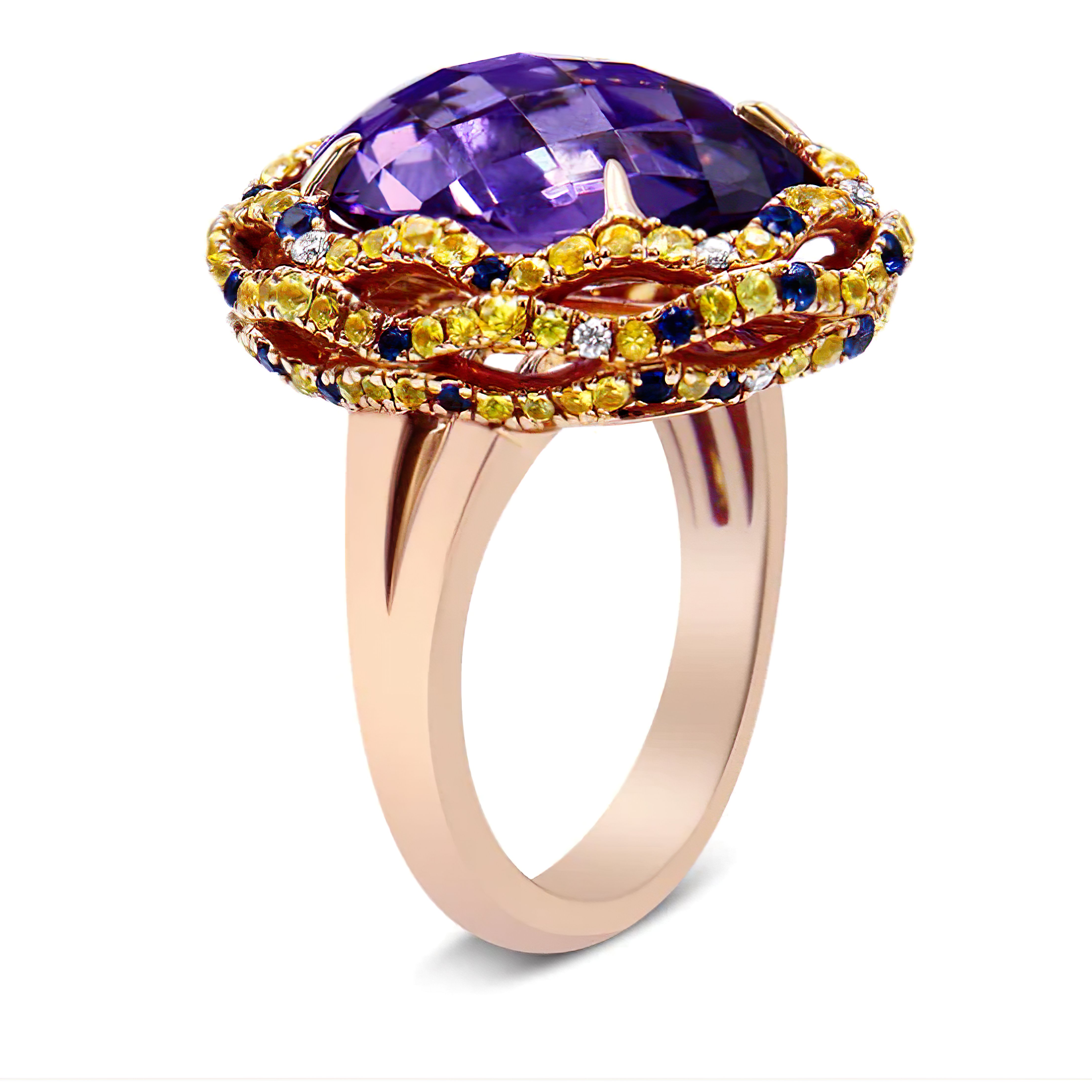 18K Yellow and Rose Gold Claw Prong Set Checkerboard Cut Purple Amethyst, Blue & Yellow Sapphire, Diamond Accent Cocktail Ring Band (F-G Color, VS1-VS2 Clarity) - Stormyjay