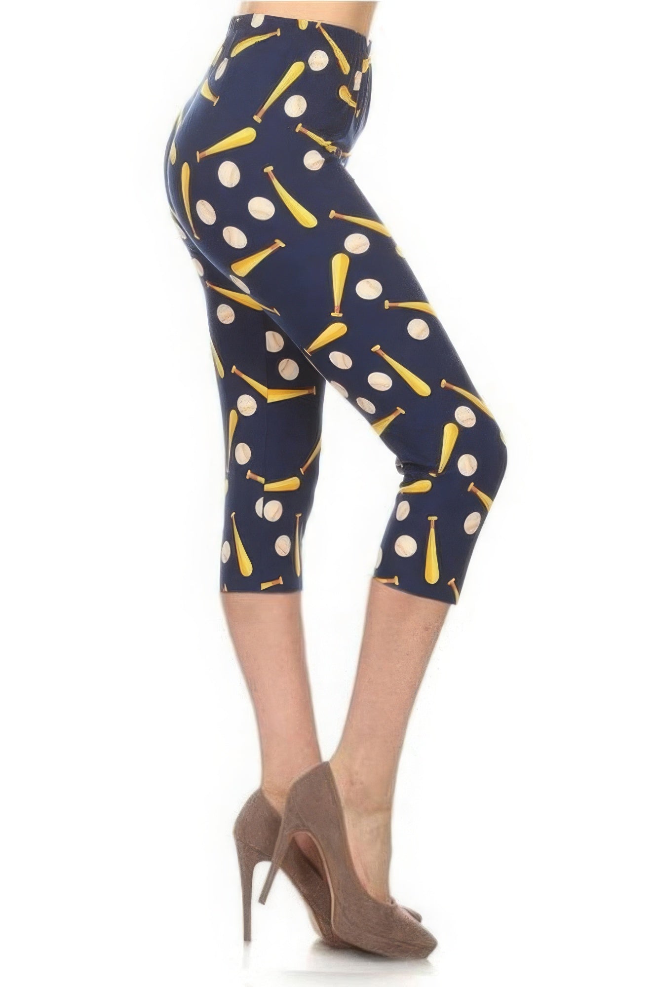 Baseball Printed, High Waisted Capri Leggings In A Fitted Style With An Elastic Waistband - Stormyjay