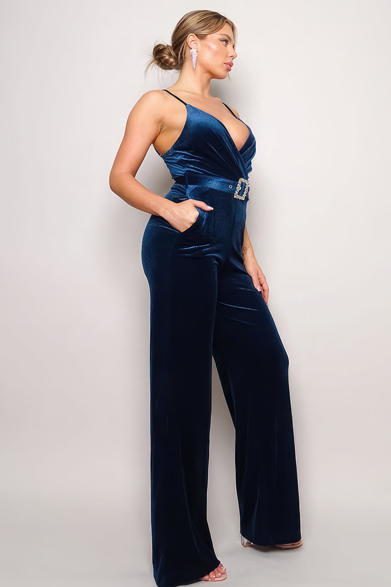 Samba Rhinestone Belt Velvet Jumpsuit - Stormyjay