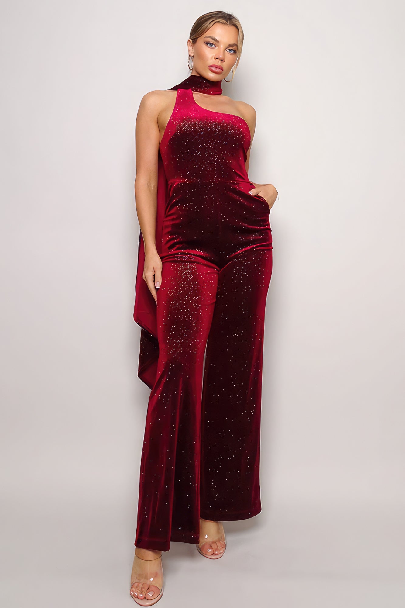 Scarf Top Glitter Velvet Jumpsuit - Stormyjay