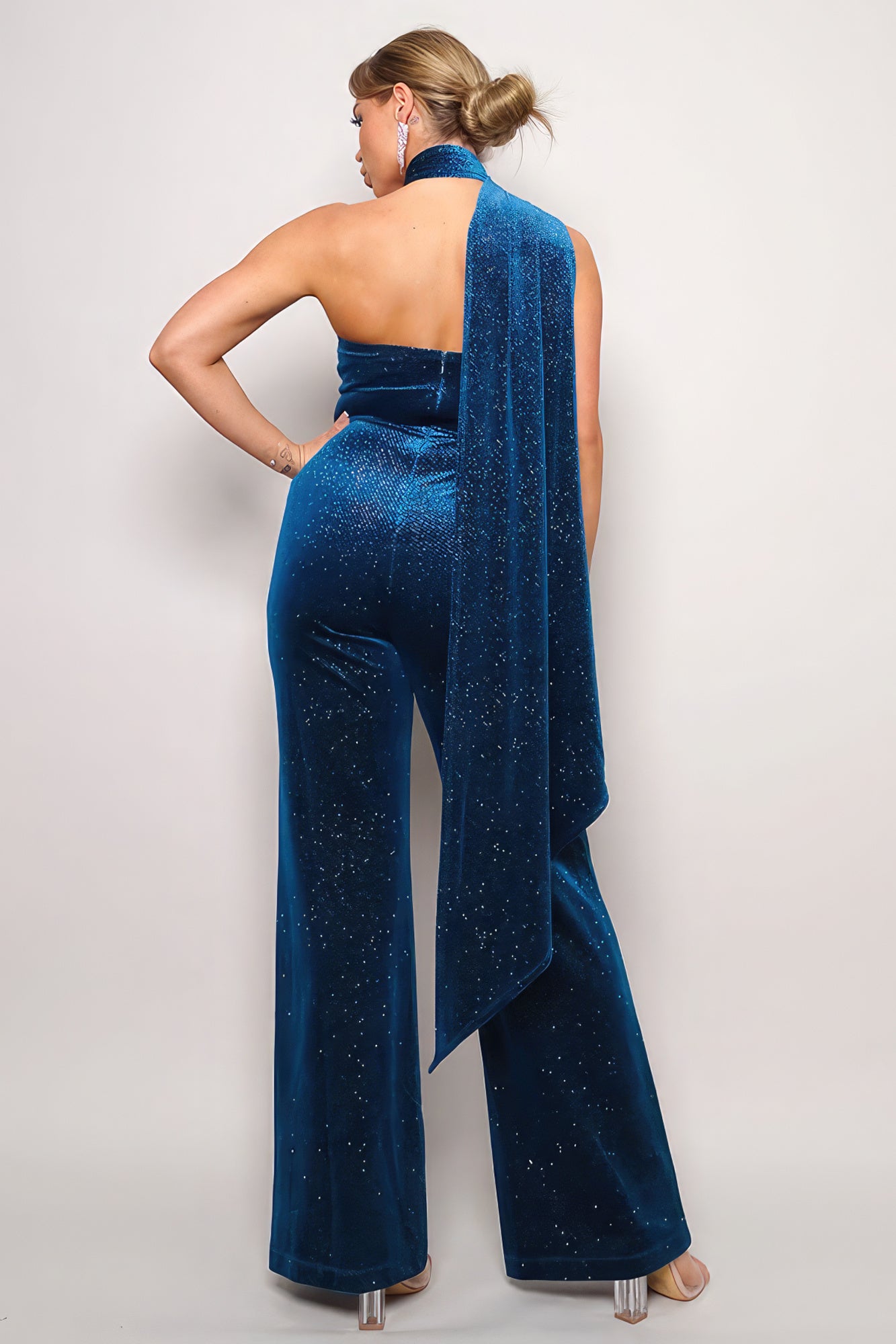 Scarf Top Glitter Velvet Jumpsuit - Stormyjay