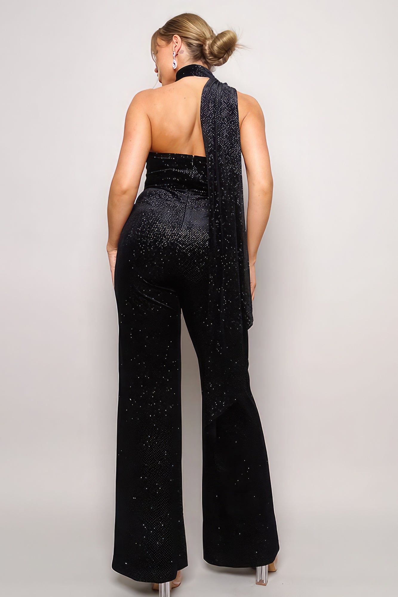 Scarf Top Glitter Velvet Jumpsuit - Stormyjay